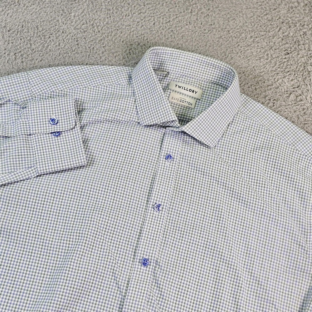 Twillory Shirt Mens 17.5 34/35 Blue Green Check Slim Fit Non Iron Cotton